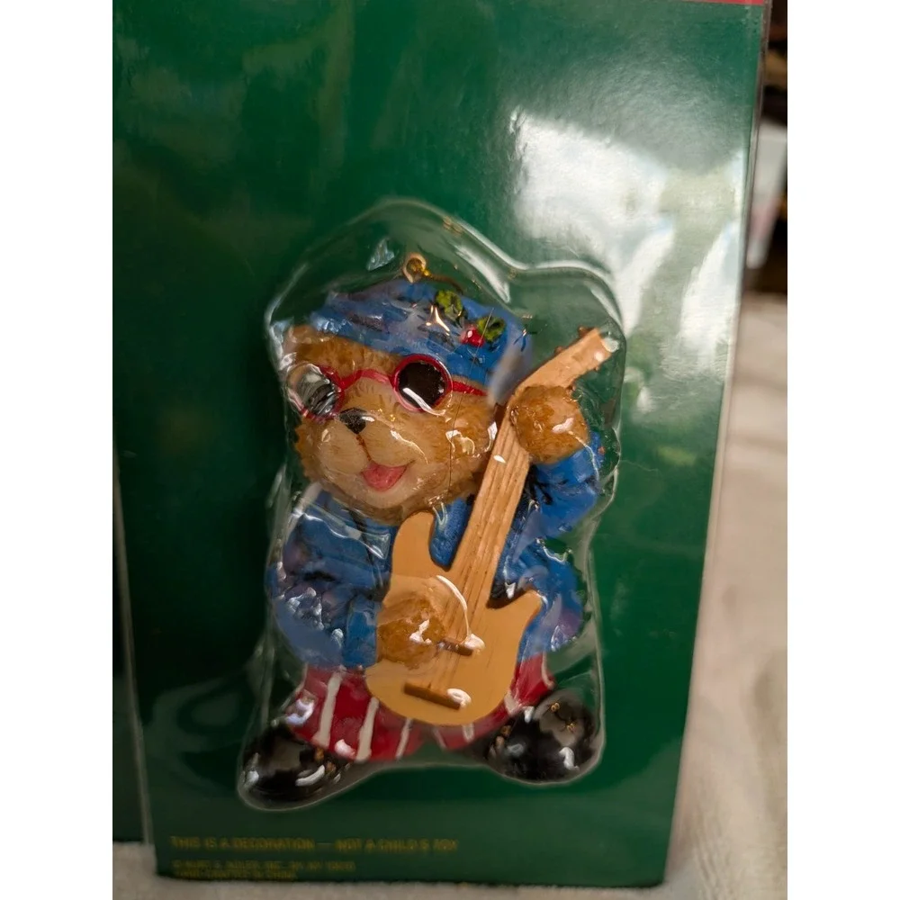Set of 4 New Old Stock Kurt Adler Guitar Christmas Ornaments Santa, Snowman